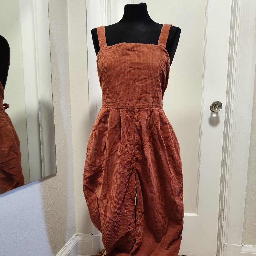 Free People Rust Corduroy Pinafore Jumpsuit with Wide Straps
